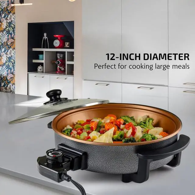 Alt view image 2 of 7 - OVENTE 12 Inch Electric Skillet and Frying Pan with Nonstick Coating, 1400W Power, Adjustable Temperature Control, Tempered Glass Lid with Vent and Cool Touch Handles, Copper SK11112CO