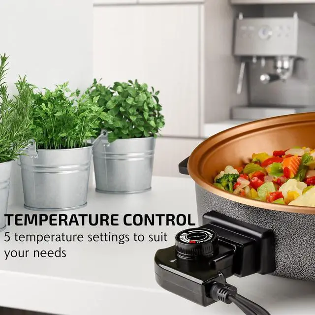 Alt view image 4 of 7 - OVENTE 12 Inch Electric Skillet and Frying Pan with Nonstick Coating, 1400W Power, Adjustable Temperature Control, Tempered Glass Lid with Vent and Cool Touch Handles, Copper SK11112CO
