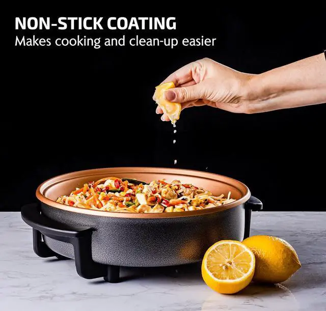 Alt view image 5 of 7 - OVENTE 12 Inch Electric Skillet and Frying Pan with Nonstick Coating, 1400W Power, Adjustable Temperature Control, Tempered Glass Lid with Vent and Cool Touch Handles, Copper SK11112CO