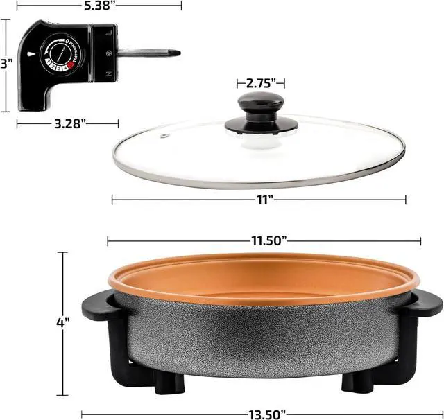 Alt view image 6 of 7 - OVENTE 12 Inch Electric Skillet and Frying Pan with Nonstick Coating, 1400W Power, Adjustable Temperature Control, Tempered Glass Lid with Vent and Cool Touch Handles, Copper SK11112CO
