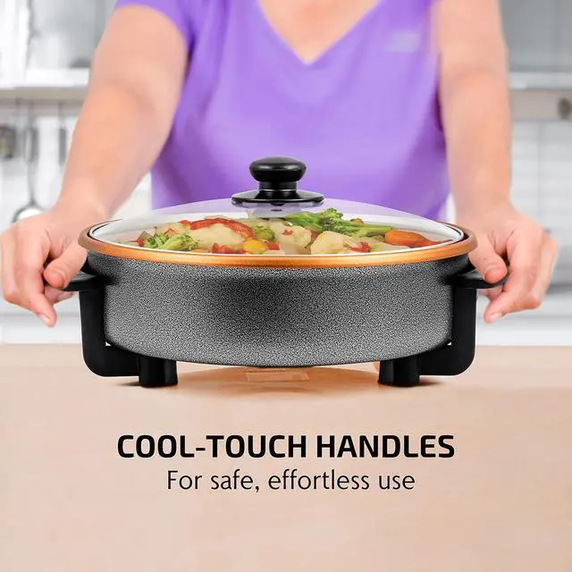 Alt view image 7 of 7 - OVENTE 12 Inch Electric Skillet and Frying Pan with Nonstick Coating, 1400W Power, Adjustable Temperature Control, Tempered Glass Lid with Vent and Cool Touch Handles, Copper SK11112CO