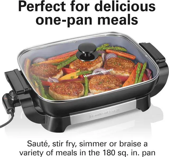 Alt view image 2 of 7 - Hamilton Beach Electric Skillet with PFAS-Free Durathon Ceramic Coating, Removable 12x15 Pan, Adjustable Temperature, Reversible Design, Tempered Glass Lid, Black Nonstick Surface (38531)