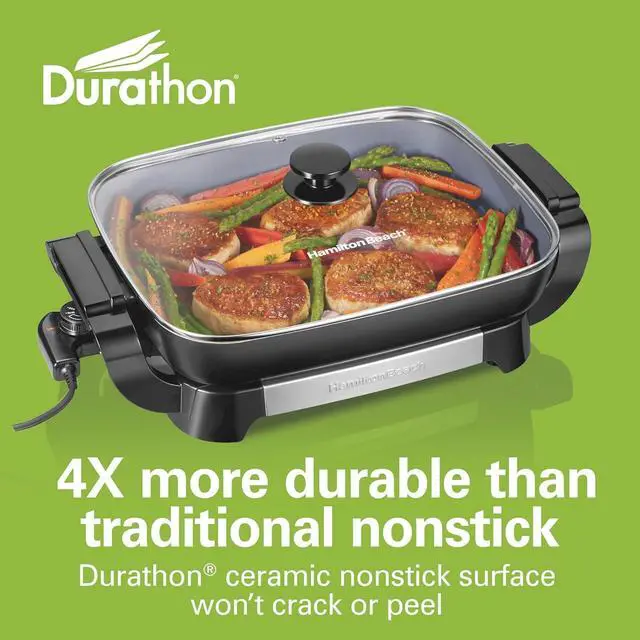 Alt view image 3 of 7 - Hamilton Beach Electric Skillet with PFAS-Free Durathon Ceramic Coating, Removable 12x15 Pan, Adjustable Temperature, Reversible Design, Tempered Glass Lid, Black Nonstick Surface (38531)