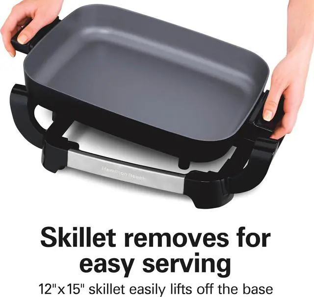 Alt view image 4 of 7 - Hamilton Beach Electric Skillet with PFAS-Free Durathon Ceramic Coating, Removable 12x15 Pan, Adjustable Temperature, Reversible Design, Tempered Glass Lid, Black Nonstick Surface (38531)