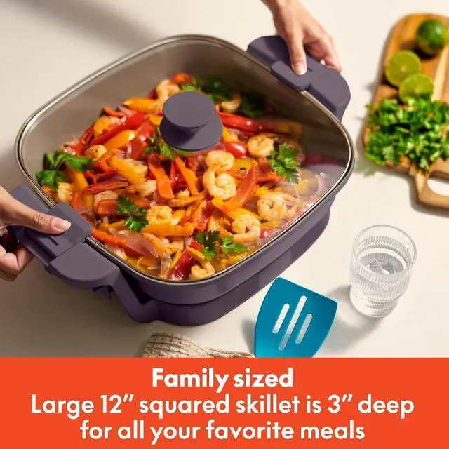Alt view image 3 of 7 - bella Make & Take Electric Skillet, Fits-anywhereTM kitchenware, EverGoodTM Ceramic Coating, Adjustable Temperature & Dishwasher-Safe Tempered Glass Lid, Cast Aluminum Base, 1200 Watt, Plum