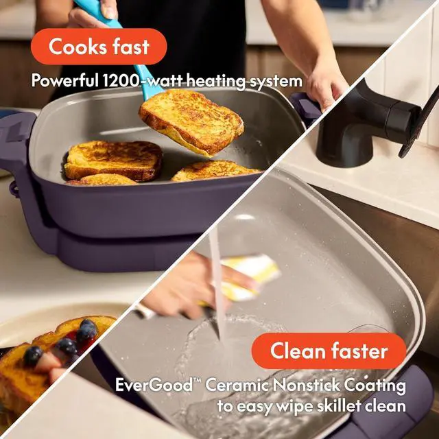 Alt view image 4 of 7 - bella Make & Take Electric Skillet, Fits-anywhereTM kitchenware, EverGoodTM Ceramic Coating, Adjustable Temperature & Dishwasher-Safe Tempered Glass Lid, Cast Aluminum Base, 1200 Watt, Plum