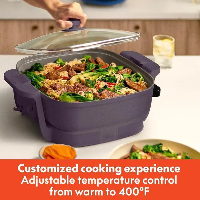 Alt view image 5 of 7 - bella Make & Take Electric Skillet, Fits-anywhereTM kitchenware, EverGoodTM Ceramic Coating, Adjustable Temperature & Dishwasher-Safe Tempered Glass Lid, Cast Aluminum Base, 1200 Watt, Plum