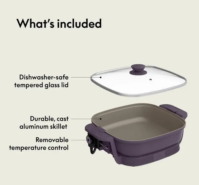 Alt view image 6 of 7 - bella Make & Take Electric Skillet, Fits-anywhereTM kitchenware, EverGoodTM Ceramic Coating, Adjustable Temperature & Dishwasher-Safe Tempered Glass Lid, Cast Aluminum Base, 1200 Watt, Plum
