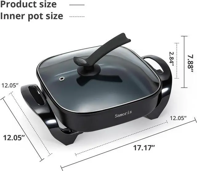 Alt view image 3 of 7 - Samoris Non-stick Electric Skillet with Glass Vented Lid, 17inch x 12inch(5 Quart) Frying Pan,Adjustable Temperature, Cool Touch Handles, Quick Even Heating,Scratch Resistant,1500W, Black