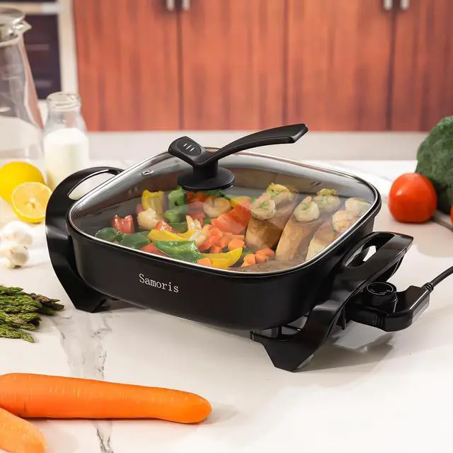 Alt view image 4 of 7 - Samoris Non-stick Electric Skillet with Glass Vented Lid, 17inch x 12inch(5 Quart) Frying Pan,Adjustable Temperature, Cool Touch Handles, Quick Even Heating,Scratch Resistant,1500W, Black