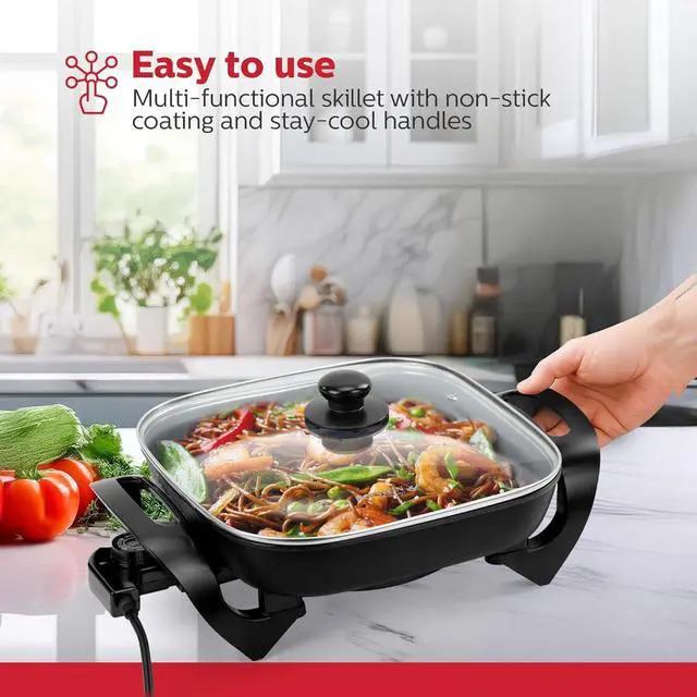 Alt view image 2 of 7 - Holstein Housewares 12-Inch Electric Skillet - 1400W Electric Pan with Adjustable Temperature Control, PFOA-Free Non-Stick Coating, Cool-Touch Handles, Multi-Function Cooker, Black