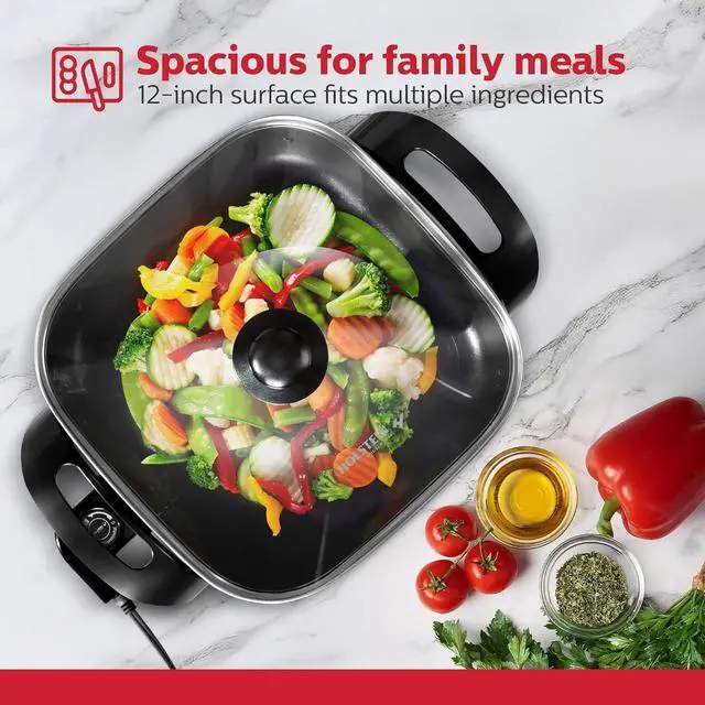 Alt view image 3 of 7 - Holstein Housewares 12-Inch Electric Skillet - 1400W Electric Pan with Adjustable Temperature Control, PFOA-Free Non-Stick Coating, Cool-Touch Handles, Multi-Function Cooker, Black