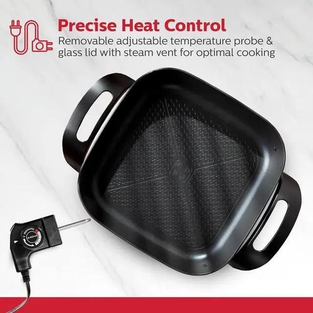 Alt view image 4 of 7 - Holstein Housewares 12-Inch Electric Skillet - 1400W Electric Pan with Adjustable Temperature Control, PFOA-Free Non-Stick Coating, Cool-Touch Handles, Multi-Function Cooker, Black