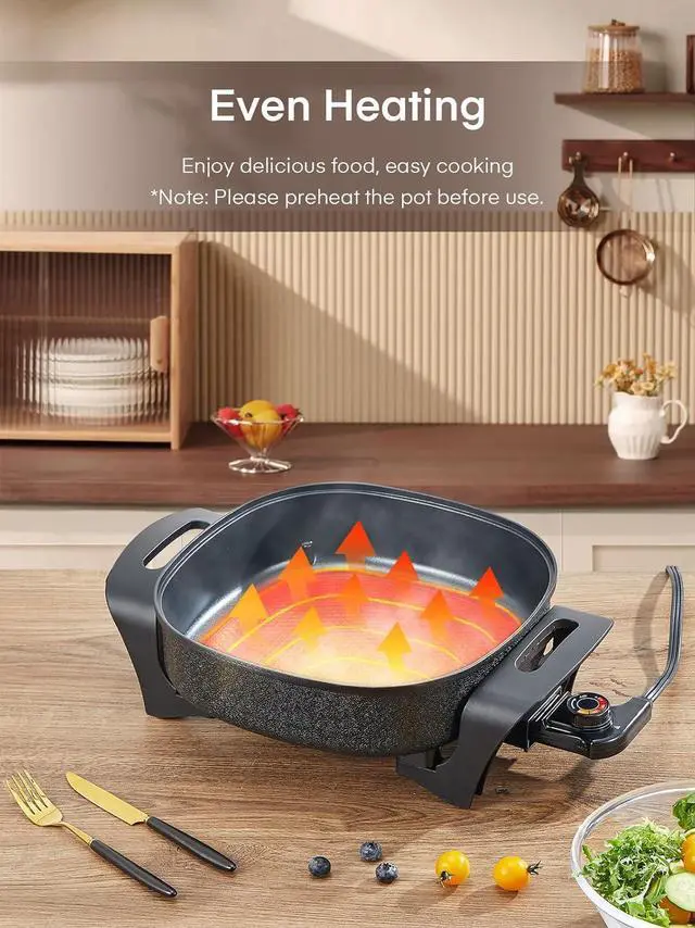 Alt view image 4 of 7 - FOHERE Electric Skillet, 12 Inch Deep Non Stick Electric Frying Pan with Standable Glass Lid, 3 Marked Heating Levels, Heat Resistant Handles and Non-stick Coating Easy to Clean, 1360W, Black