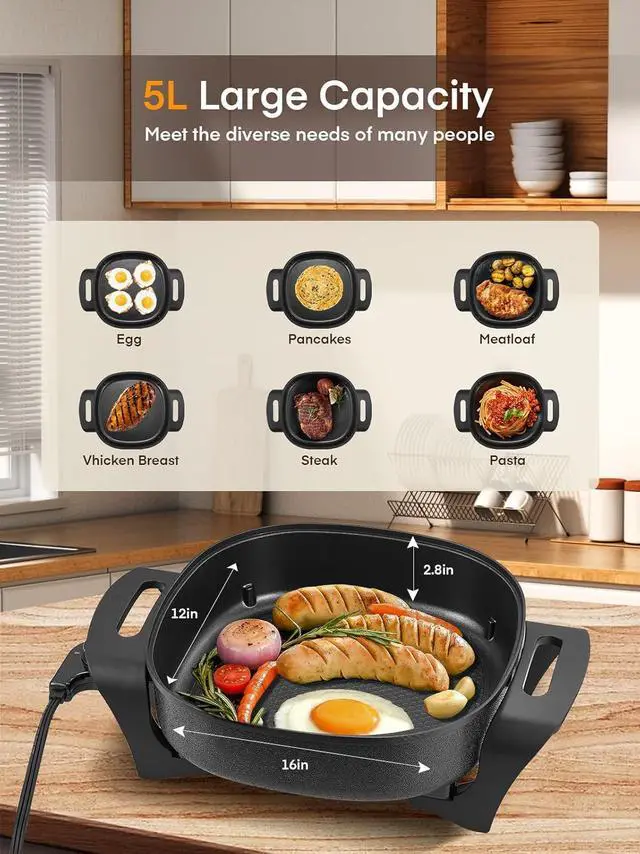 Alt view image 2 of 7 - FOHERE Electric Skillet, 12 Inch Deep Non Stick Electric Frying Pan with Standable Glass Lid, 3 Marked Heating Levels, Heat Resistant Handles and Non-stick Coating Easy to Clean, 1360W, Black