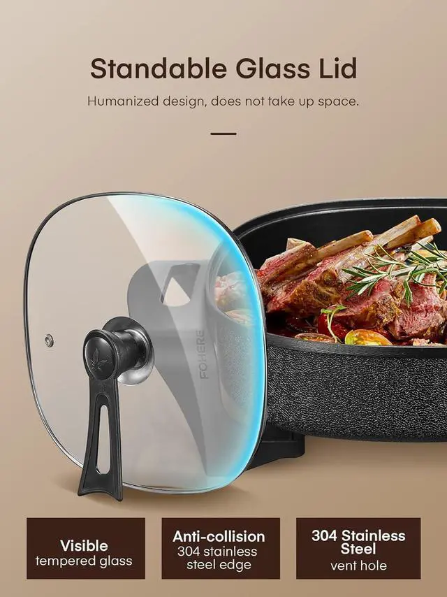 Alt view image 5 of 7 - FOHERE Electric Skillet, 12 Inch Deep Non Stick Electric Frying Pan with Standable Glass Lid, 3 Marked Heating Levels, Heat Resistant Handles and Non-stick Coating Easy to Clean, 1360W, Black