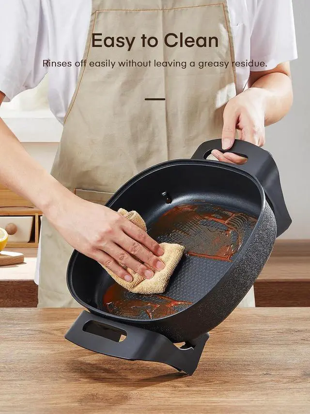 Alt view image 7 of 7 - FOHERE Electric Skillet, 12 Inch Deep Non Stick Electric Frying Pan with Standable Glass Lid, 3 Marked Heating Levels, Heat Resistant Handles and Non-stick Coating Easy to Clean, 1360W, Black