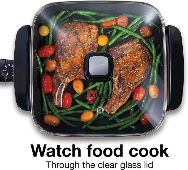 Alt view image 5 of 7 - Proctor Silex Electric Skillet with Lid, 116 sq. in. Nonstick Cooking Surface for Frying, Sauteing, Simmering and Braising, Adjustable Temp 200° to 400° F, Black (38526PS)