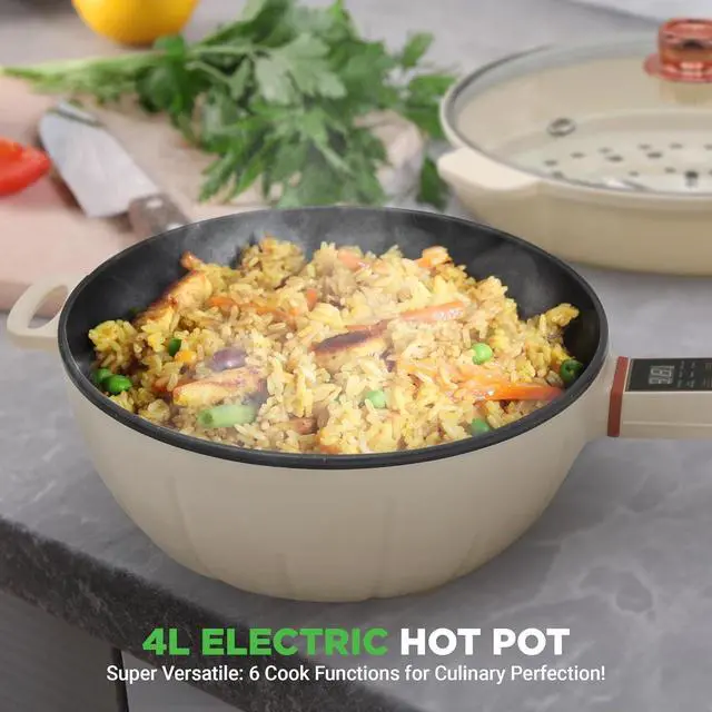 Alt view image 2 of 7 - NutriChef 2 In 1 Electric Frying Pan & Steamer 8 Quarts | Portable Non-Stick Skillet for Cooking | Durable Heat Safe Handle | Touch Control Panel | 7 Cooking Functions & Electric Hot Pot | White