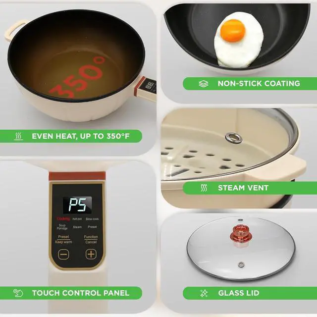 Alt view image 3 of 7 - NutriChef 2 In 1 Electric Frying Pan & Steamer 8 Quarts | Portable Non-Stick Skillet for Cooking | Durable Heat Safe Handle | Touch Control Panel | 7 Cooking Functions & Electric Hot Pot | White