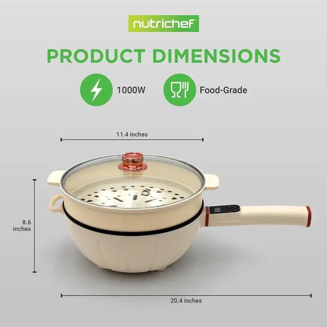 Alt view image 7 of 7 - NutriChef 2 In 1 Electric Frying Pan & Steamer 8 Quarts | Portable Non-Stick Skillet for Cooking | Durable Heat Safe Handle | Touch Control Panel | 7 Cooking Functions & Electric Hot Pot | White