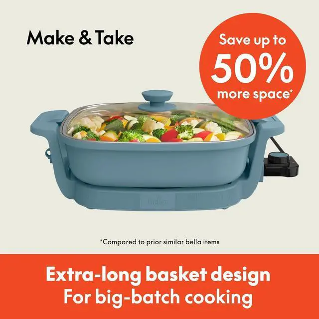 Alt view image 2 of 7 - bella Make & Take Electric Skillet, Fits-anywhereTM kitchenware, EverGoodTM Ceramic Coating, Adjustable Temperature & Dishwasher-Safe Tempered Glass Lid, Cast Aluminum Base, 1200 Watt, Surf