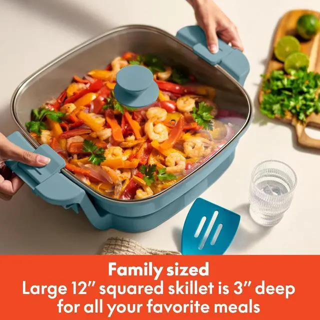 Alt view image 3 of 7 - bella Make & Take Electric Skillet, Fits-anywhereTM kitchenware, EverGoodTM Ceramic Coating, Adjustable Temperature & Dishwasher-Safe Tempered Glass Lid, Cast Aluminum Base, 1200 Watt, Surf