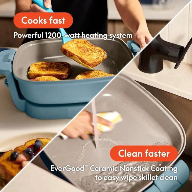 Alt view image 4 of 7 - bella Make & Take Electric Skillet, Fits-anywhereTM kitchenware, EverGoodTM Ceramic Coating, Adjustable Temperature & Dishwasher-Safe Tempered Glass Lid, Cast Aluminum Base, 1200 Watt, Surf