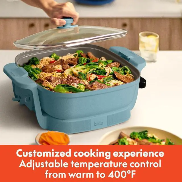 Alt view image 5 of 7 - bella Make & Take Electric Skillet, Fits-anywhereTM kitchenware, EverGoodTM Ceramic Coating, Adjustable Temperature & Dishwasher-Safe Tempered Glass Lid, Cast Aluminum Base, 1200 Watt, Surf