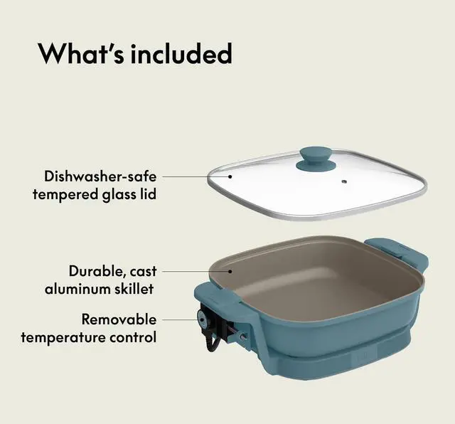 Alt view image 6 of 7 - bella Make & Take Electric Skillet, Fits-anywhereTM kitchenware, EverGoodTM Ceramic Coating, Adjustable Temperature & Dishwasher-Safe Tempered Glass Lid, Cast Aluminum Base, 1200 Watt, Surf