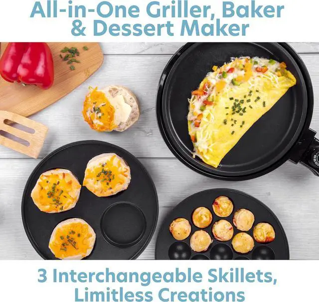 Alt view image 3 of 7 - Multi Baker Deluxe- Baking Made Easy- Electric Appliance w Temp Control 3 Interchangeable Skillets for Grilling, Baking, Dessert Making- Grilled Cheese Omelets Pizza Sandwiches Cake Pops, Gift for Mom