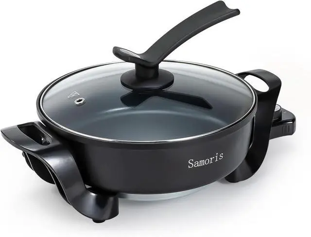 Main image of Samoris Electric Skillet with lid 3 Quart 10 Inch Round Cooker with Nonstick Coating,Electric Hot Pots and Frying Pan,Adjustable Temperature, Tempered Glass Lid with Vent, 1200W,Black