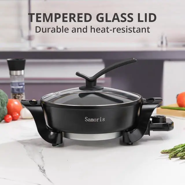 Alt view image 2 of 7 - Samoris Electric Skillet with lid 3 Quart 10 Inch Round Cooker with Nonstick Coating,Electric Hot Pots and Frying Pan,Adjustable Temperature, Tempered Glass Lid with Vent, 1200W,Black