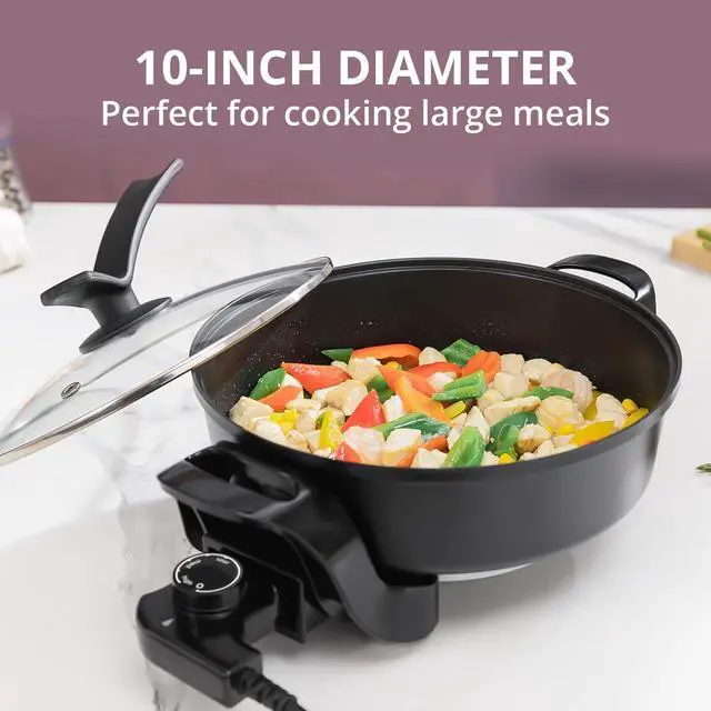 Alt view image 3 of 7 - Samoris Electric Skillet with lid 3 Quart 10 Inch Round Cooker with Nonstick Coating,Electric Hot Pots and Frying Pan,Adjustable Temperature, Tempered Glass Lid with Vent, 1200W,Black