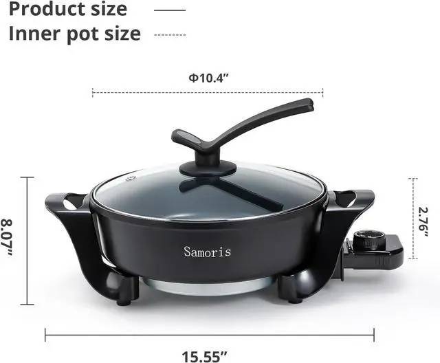 Alt view image 5 of 7 - Samoris Electric Skillet with lid 3 Quart 10 Inch Round Cooker with Nonstick Coating,Electric Hot Pots and Frying Pan,Adjustable Temperature, Tempered Glass Lid with Vent, 1200W,Black