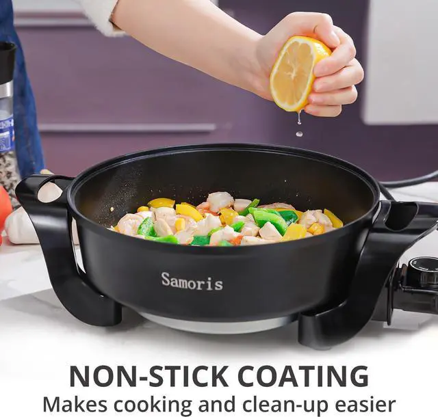 Alt view image 6 of 7 - Samoris Electric Skillet with lid 3 Quart 10 Inch Round Cooker with Nonstick Coating,Electric Hot Pots and Frying Pan,Adjustable Temperature, Tempered Glass Lid with Vent, 1200W,Black