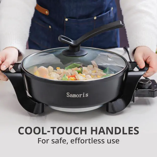 Alt view image 7 of 7 - Samoris Electric Skillet with lid 3 Quart 10 Inch Round Cooker with Nonstick Coating,Electric Hot Pots and Frying Pan,Adjustable Temperature, Tempered Glass Lid with Vent, 1200W,Black
