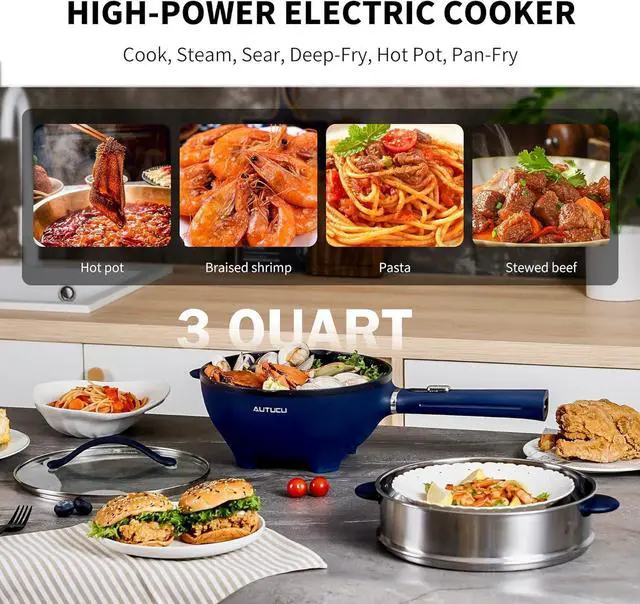 Alt view image 2 of 7 - Non-Stick Electric Hot Pot 3-Quart with Steamer & Multi-Cooker | Electric Stir Fry Pan & Wok, 1200W for Sizzling Ramen, Soup, Stir-Fry | Dorm, Home, Gifts (Includes Silicone Spatula)