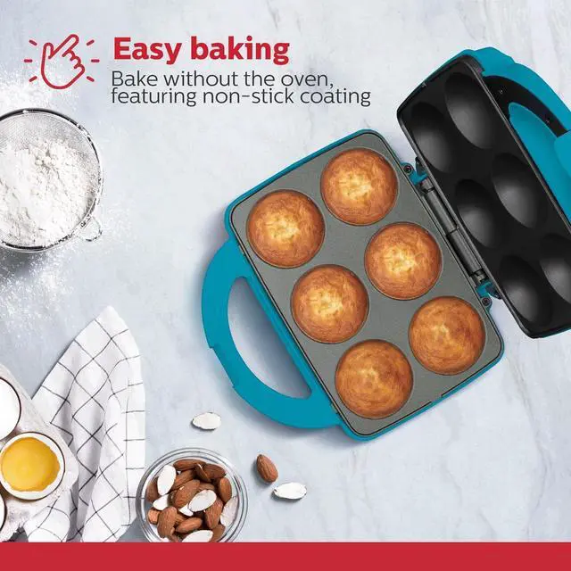 Alt view image 2 of 7 - Holstein Housewares Non-Stick Cupcake Maker, Teal - Makes 6 Cupcakes, Muffins, Cinnamon Buns - Birthdays, Holidays, and More