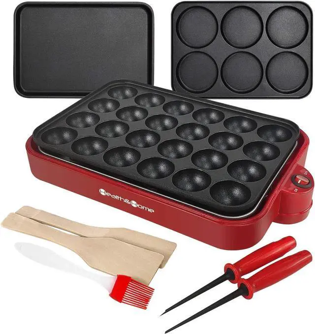 Main image of Multifunction Nonstick Baking Maker with 3 Interchangeable Baking Plates for Fried Eggs, Fried Steak, Takoyaki, Cake Pops, Grill Maker, RED-1