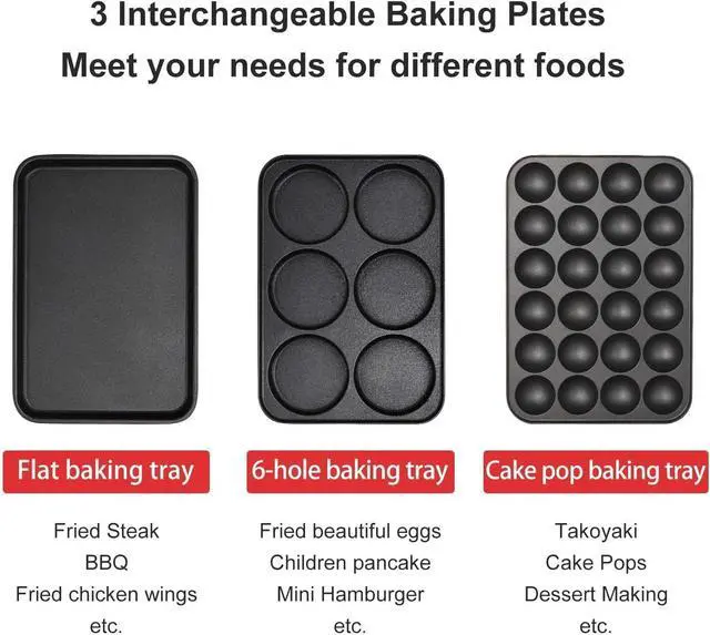 Alt view image 2 of 5 - Multifunction Nonstick Baking Maker with 3 Interchangeable Baking Plates for Fried Eggs, Fried Steak, Takoyaki, Cake Pops, Grill Maker, RED-1