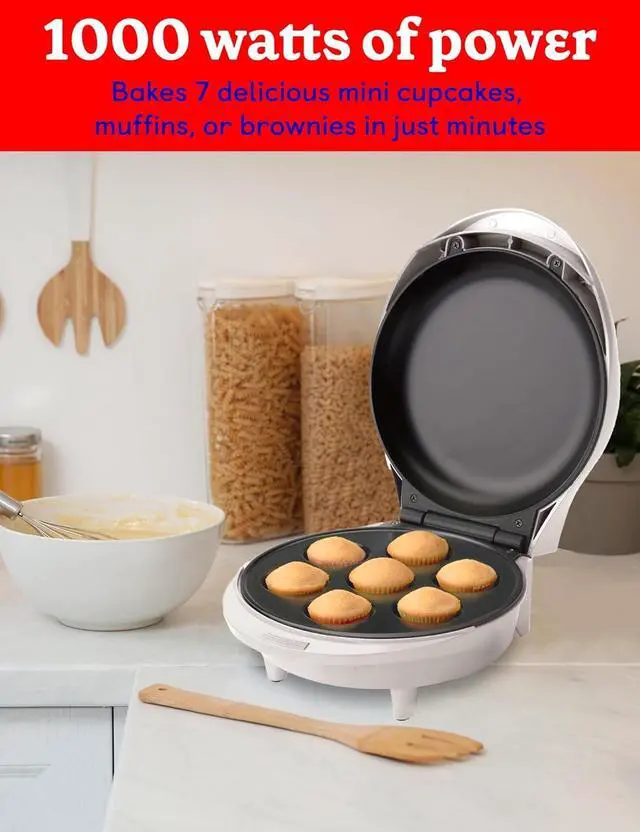 Alt view image 2 of 7 - Betty Crocker Mini Cupcake Factory, with Nonstick Surface, Mini Cupcake Machine with Cool Touch Handle & Makes 7 Delicious Cupcakes in Minutes, Pink/White