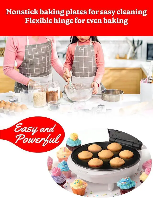 Alt view image 4 of 7 - Betty Crocker Mini Cupcake Factory, with Nonstick Surface, Mini Cupcake Machine with Cool Touch Handle & Makes 7 Delicious Cupcakes in Minutes, Pink/White