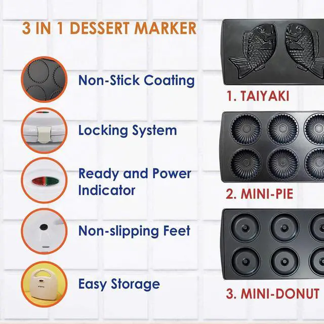 Alt view image 2 of 6 - Mini-Donuts Maker, Mini-Pie and Quiche Maker, Taiyaki Maker  NEW 3 in 1 Three Slices Detachable Dessert Maker by StarBlue  White AC 110-120V 50/60Hz 700-800W
