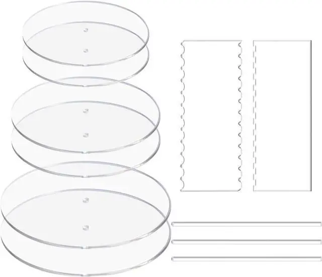 Main image of Acrylic Cake Discs Set - Round Buttercream Cake Decorating Tools with 6 Acrylic Discs(2 Each of 6.5, 8.5, 10.5"), 2 Icing Scraper and 3 Center Dowel - for Serving Bake Goods