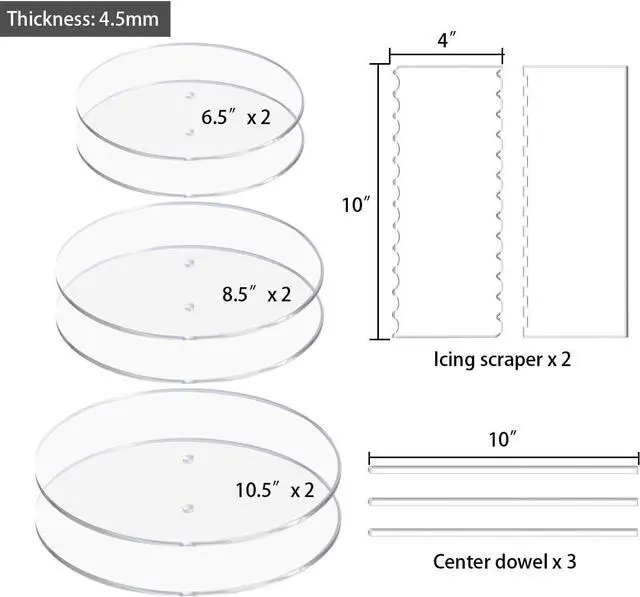 Alt view image 2 of 7 - Acrylic Cake Discs Set - Round Buttercream Cake Decorating Tools with 6 Acrylic Discs(2 Each of 6.5, 8.5, 10.5"), 2 Icing Scraper and 3 Center Dowel - for Serving Bake Goods