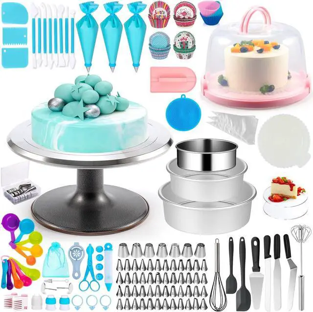 Main image of Aluminum Alloy Revolving Cake Stand & Carrier - 268PCS Kit with 54 Piping Tips, Acrylic Cake Discs, Various Spatulas