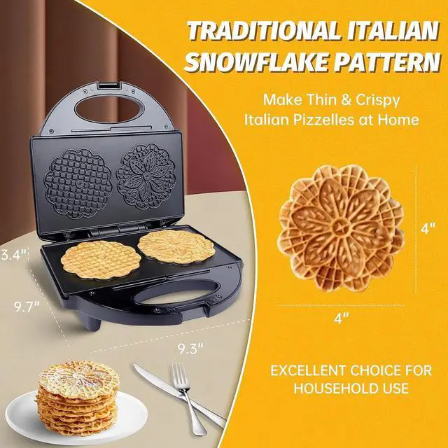 Alt view image 2 of 6 - Pizzelle Maker with Non-Stick Coating, Electric Pizzelle Cookie Baker Press with Snowflake Pattern, Make Two 4 Inch Traditional Italian Waffle Cookies at Once, Recipe Included