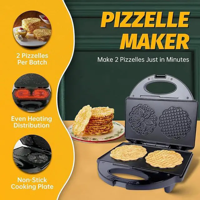 Alt view image 3 of 6 - Pizzelle Maker with Non-Stick Coating, Electric Pizzelle Cookie Baker Press with Snowflake Pattern, Make Two 4 Inch Traditional Italian Waffle Cookies at Once, Recipe Included