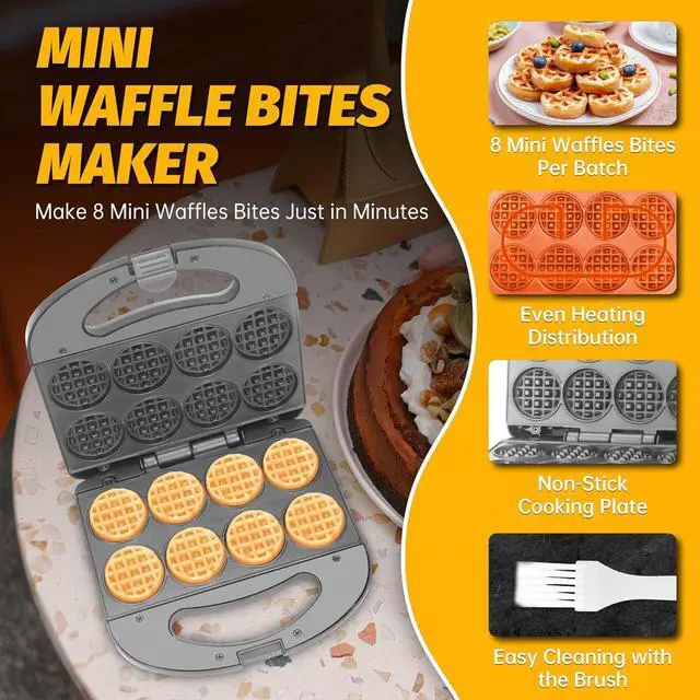 Alt view image 2 of 6 - Mini Waffle Maker Machine, Small Waffle Bites Maker for Kids, Makes 8 x 2 Tiny Waffle Bites, Ideal for Breakfast, Snacks, Desserts and More